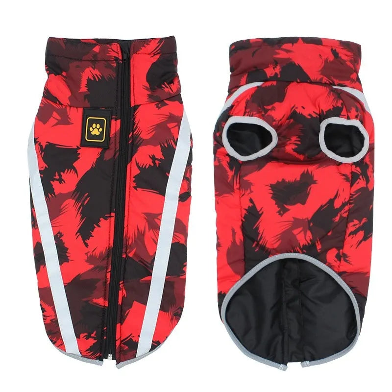 Reflective thick polyester dog jacket for large breeds in geometric blue or graffiti print.
