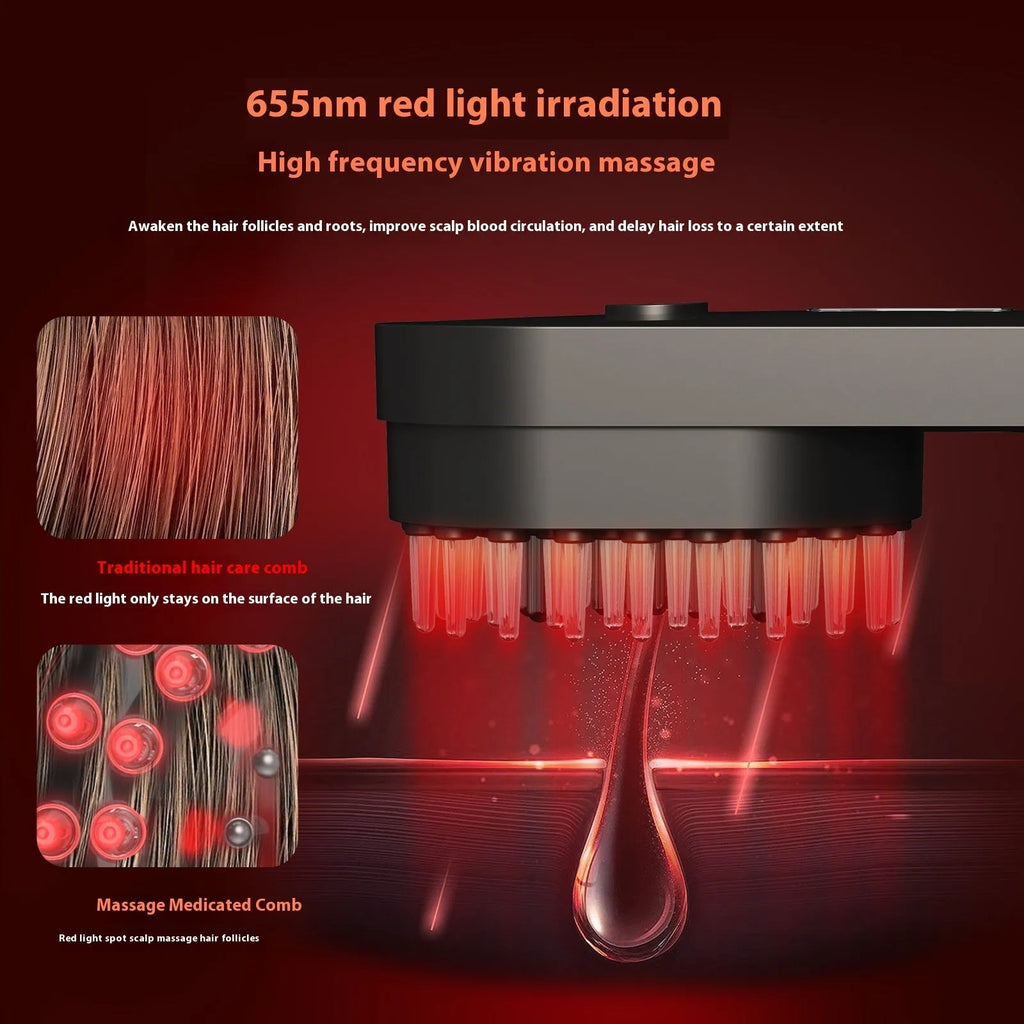 Pink and black smart massage comb for scalp care with red light therapy, shown next to a ruler under 10cm.