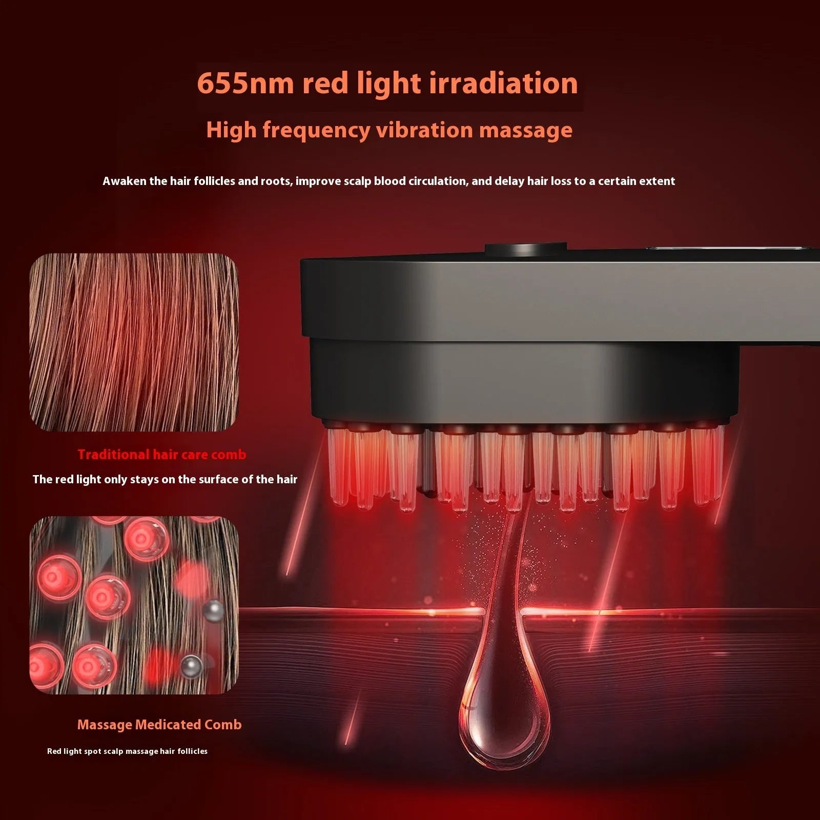 Pink and black smart massage comb for scalp care with red light therapy, shown next to a ruler under 10cm.