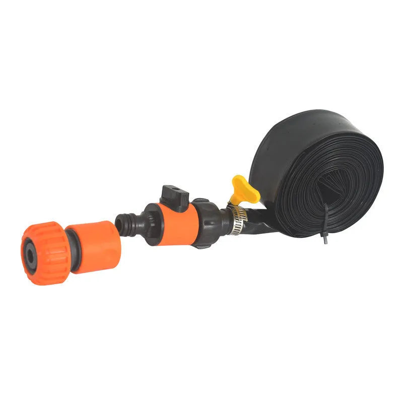 Blue portable PVC garden sprinkler with solar water cooling panel and adjustable length hose