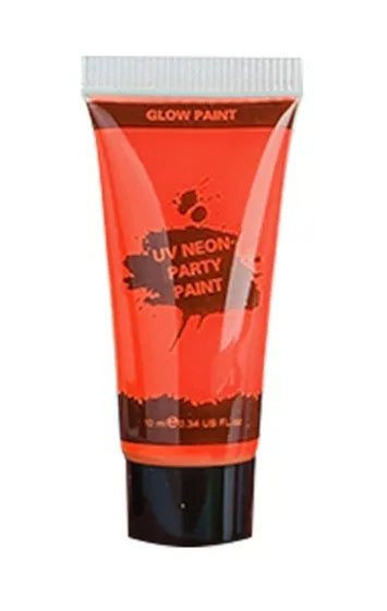 25ml squeeze tube of neon face paint in red, yellow, green, purple, orange, or pink for body art.