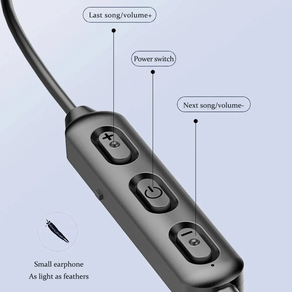 Black neck-mounted wireless sports earphones with custom logo printing support
