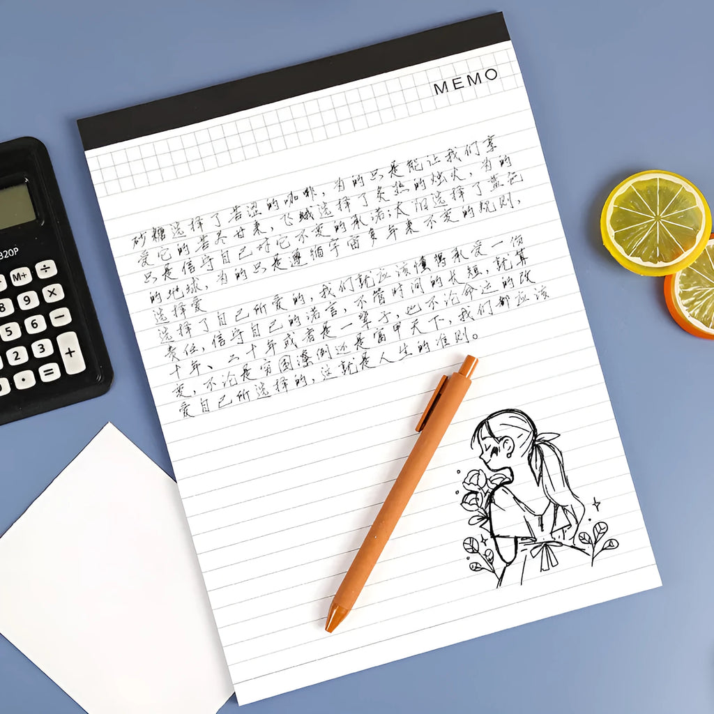 A4 tearable notebook with wireless adhesive binding, showing grid and lined page options