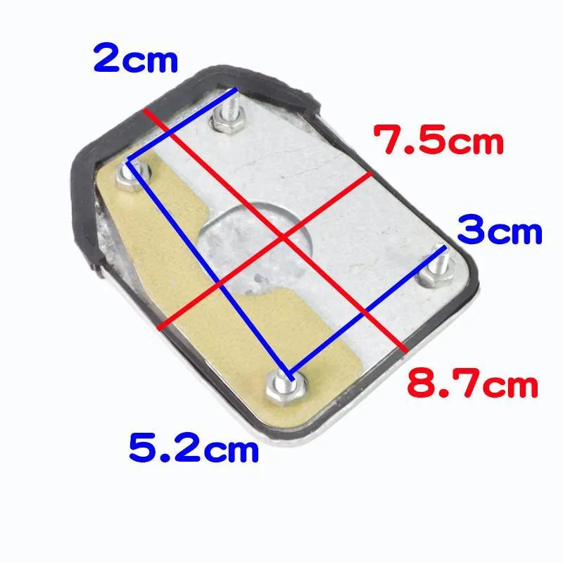 Metal motorcycle brake pedal skid plate showing three design options for universal fit