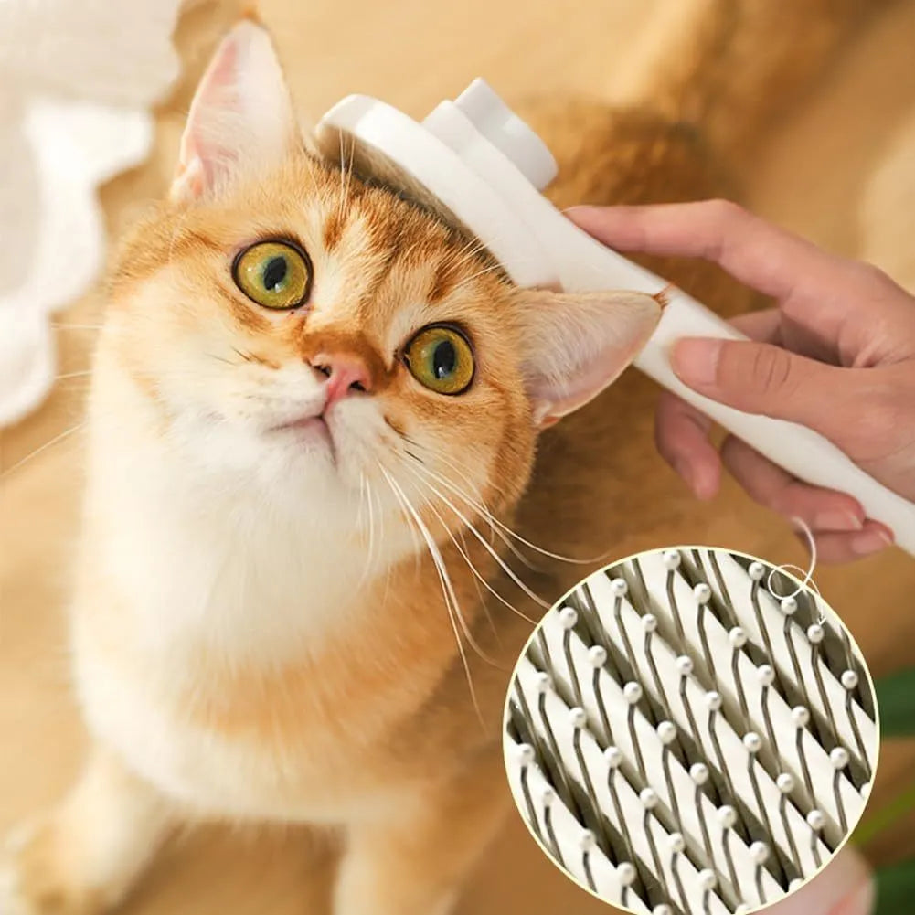Blue self-cleaning cat brush with rubber handle and metal pins for removing loose pet fur.