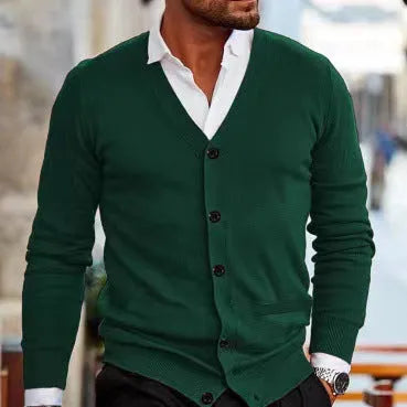 Men's slim fit acrylic cardigan sweater in light grey colour showing front button detail and long sleeves