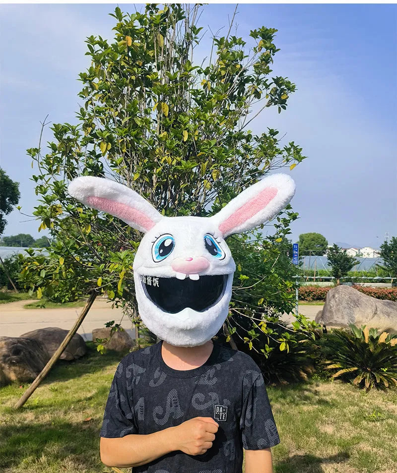 Long Eared Rabbit White plush helmet cover with decorative rabbit head design for electric motorcycles
