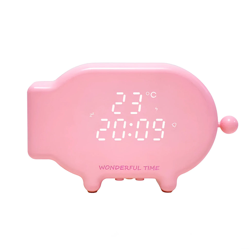 Blue LED digital alarm clock showing time and temperature with USB charging port
