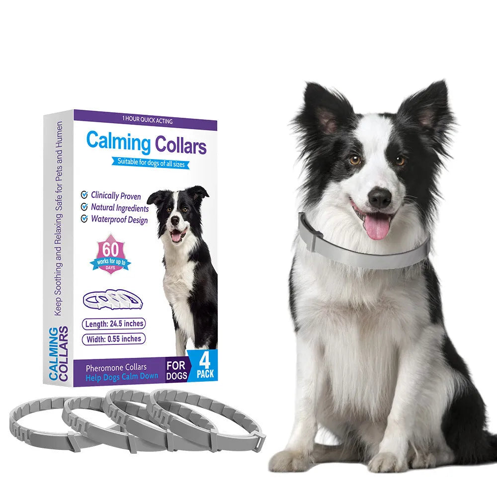 Four dog anxiety relief collars in different colours featuring a Chinese-style monochrome pattern.