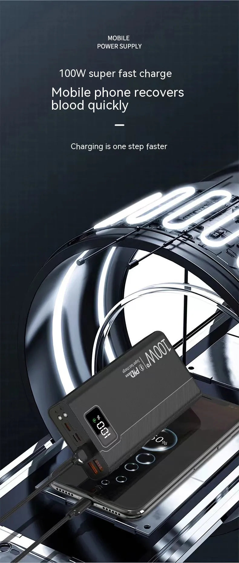 Large capacity power bank in black plastic shell showing front view with dimensions 150 x 76 mm