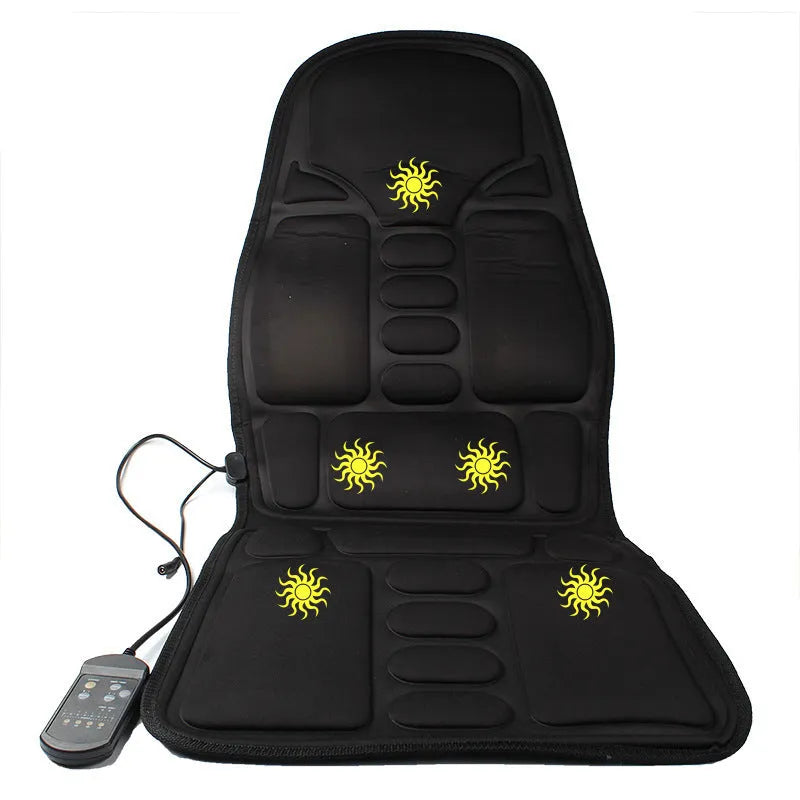 Black electric heating and massage mat seat cushion with infrared physiotherapy function.
