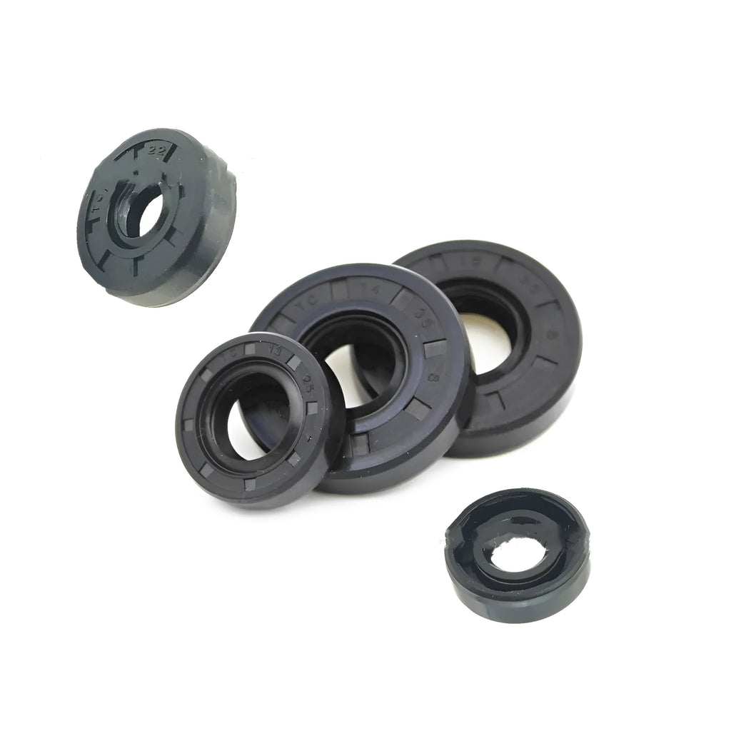 AG100 motorcycle engine oil seal kit showing 10 rubber seals with carbon steel frames in various metric sizes