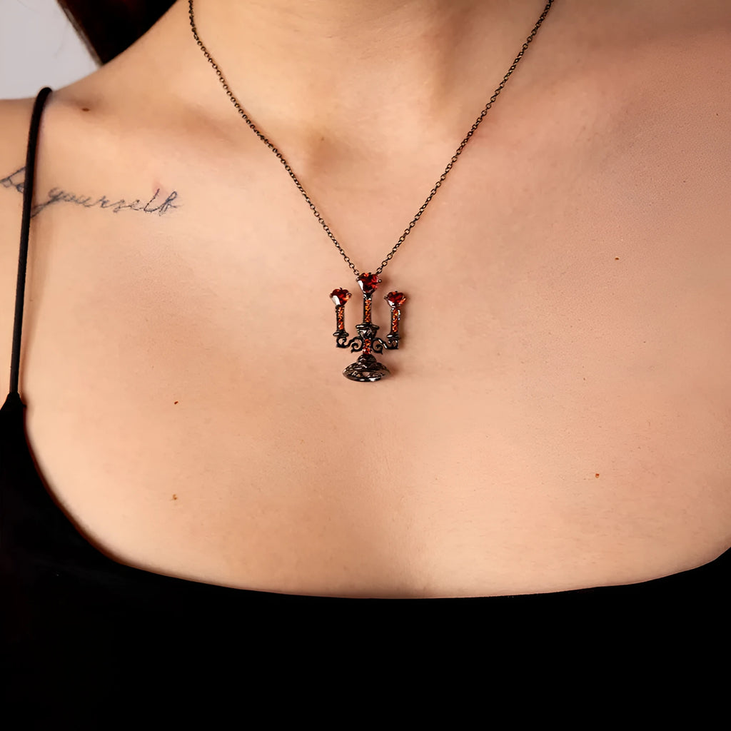 Gothic style necklace with candlestick pendant and cross chain in retro colour