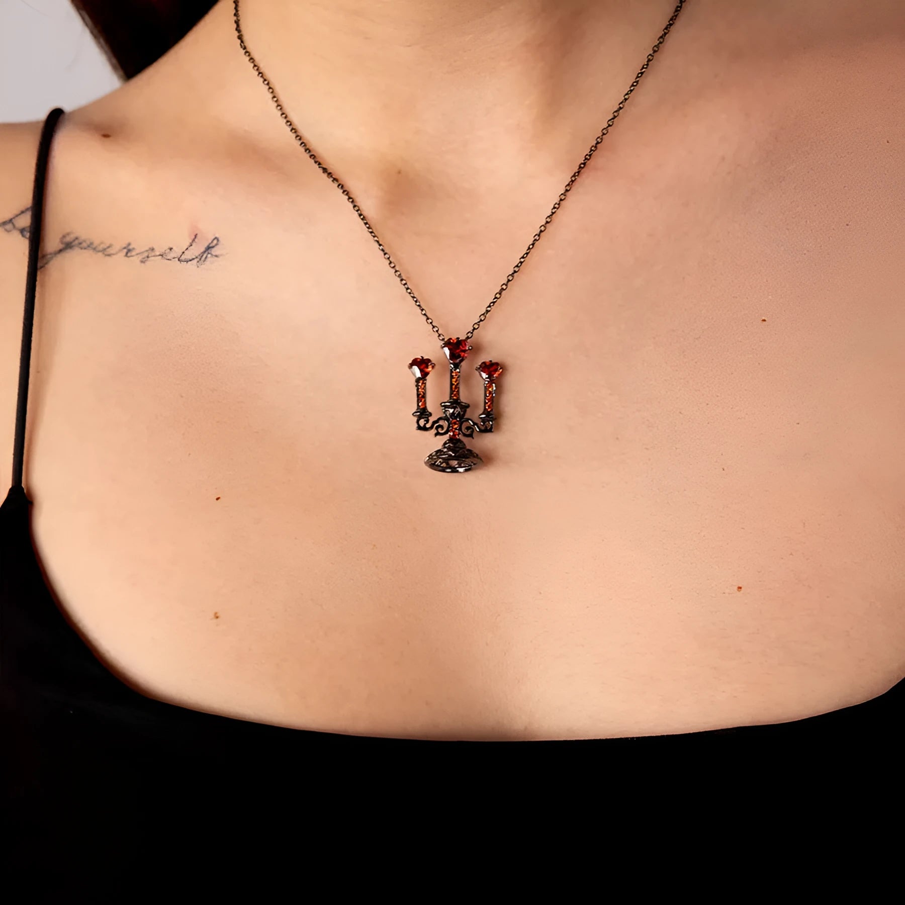 Gothic style necklace with candlestick pendant and cross chain in retro colour
