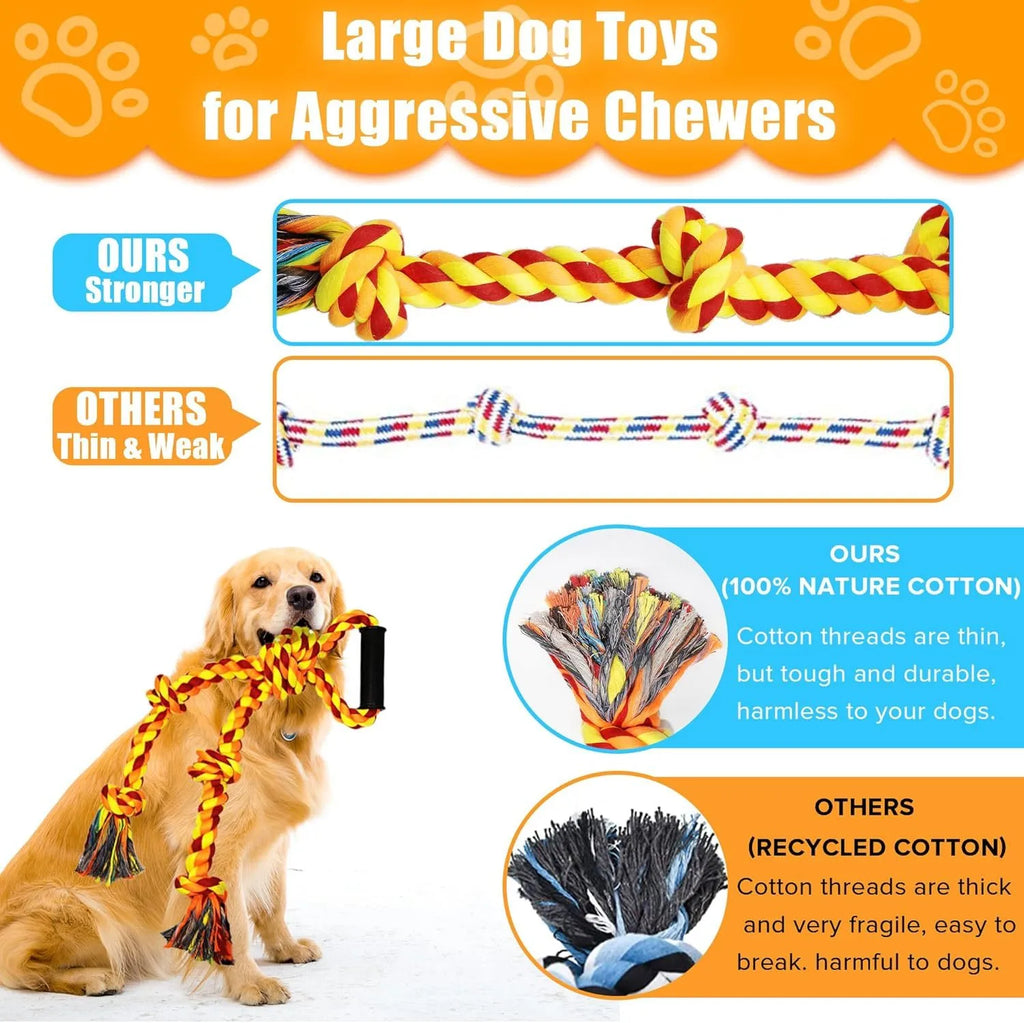 Large blue and yellow cotton rope dog toy with ergonomic handle for tug of war