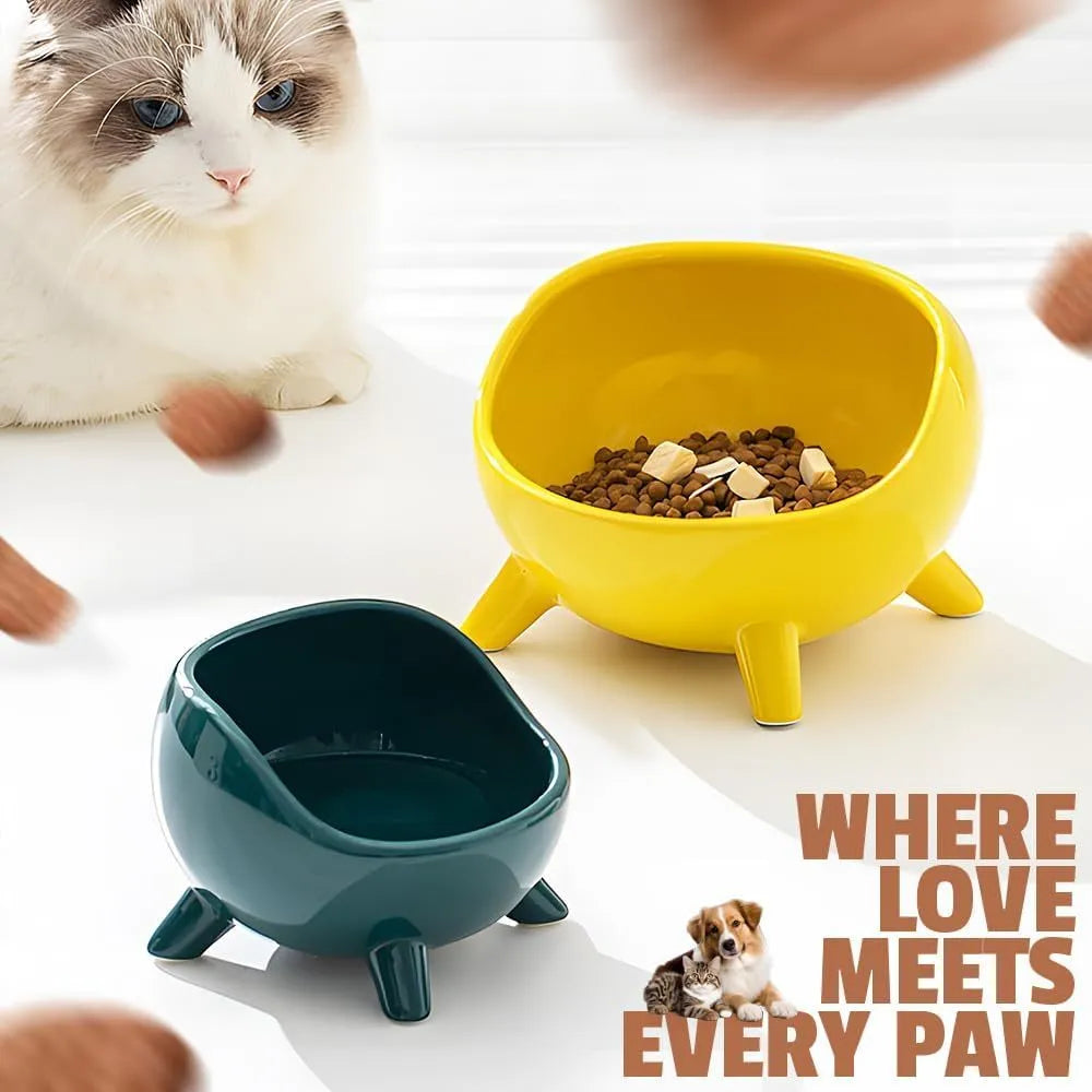 Ceramic pet bowl with four legs, wide mouth, and rounded arc design in green colour