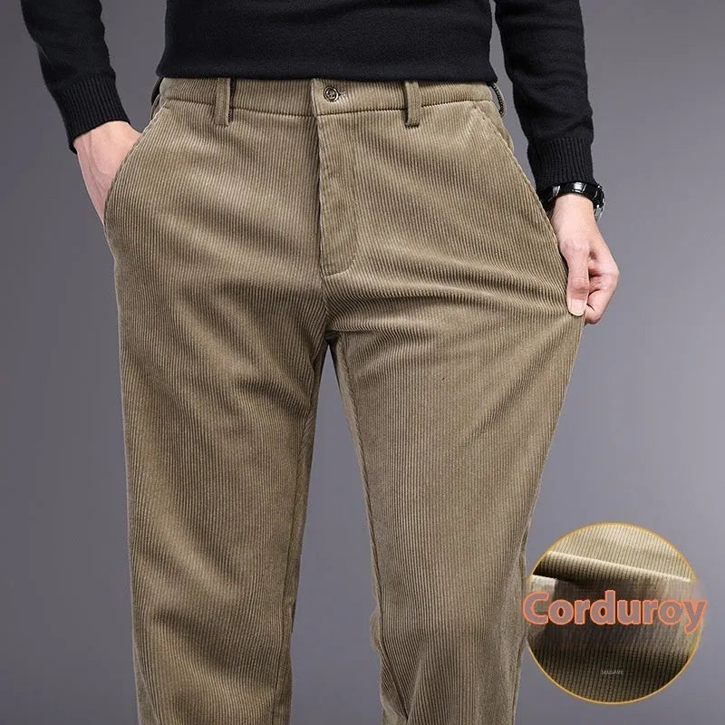 British retro striped straight pants in polyester blend fabric with zip placket fly opening