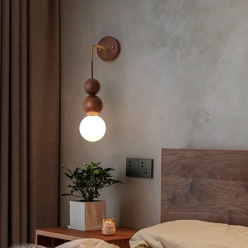 Wood and copper wall lamp with tricolour lighting, 10cm diameter by 50cm height