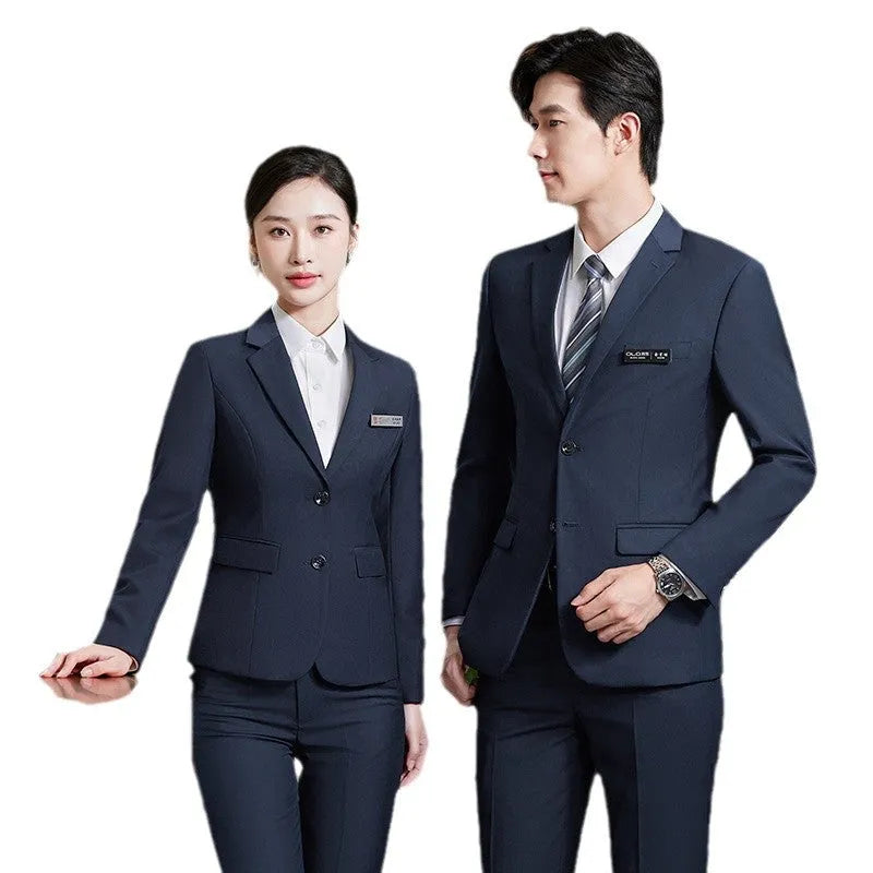 Unisex polyester work suit set with long sleeve jacket and trousers in black, front view
