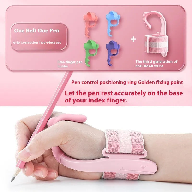 Blue anti-hook wrist brace pen corrector for children's handwriting posture on a desk.