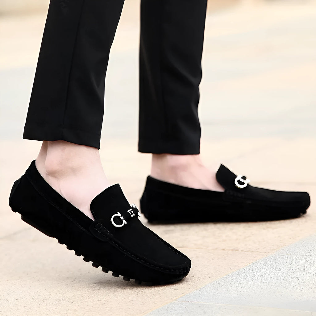 Men's black matte cowhide slip-on shoes with square toe and rubber sole