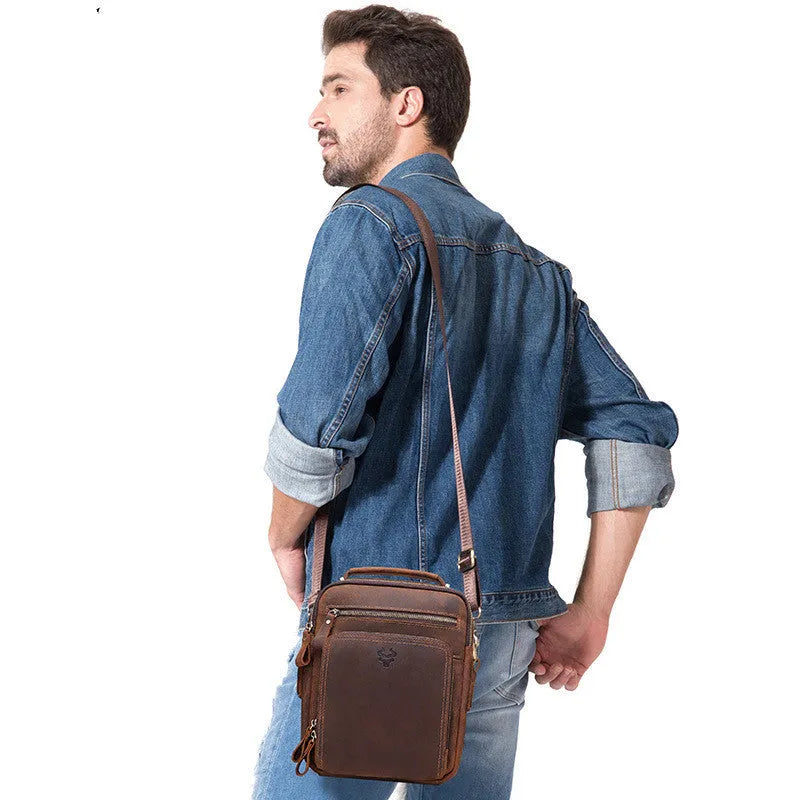 Men's brown leather crossbody bag with single-shoulder design and sewing line detailing