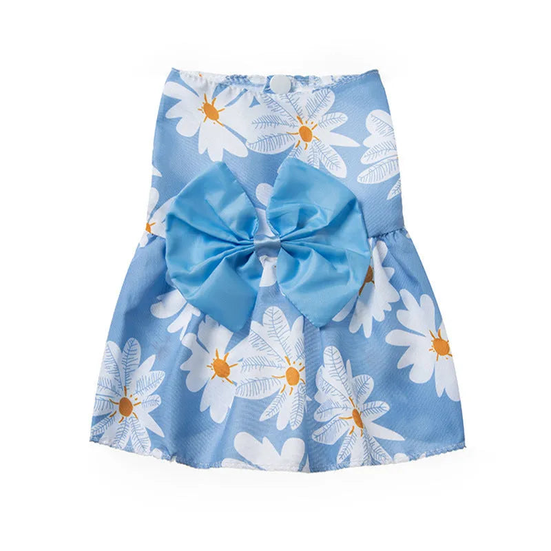Polyester pet dress with floral butterfly princess design and decorative bow in multiple colour options