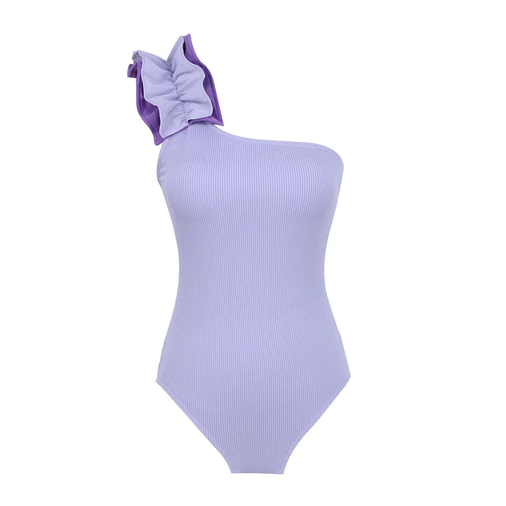 Single-shoulder suspender tube top one-piece swimsuit for women in solid colour with high-waist design