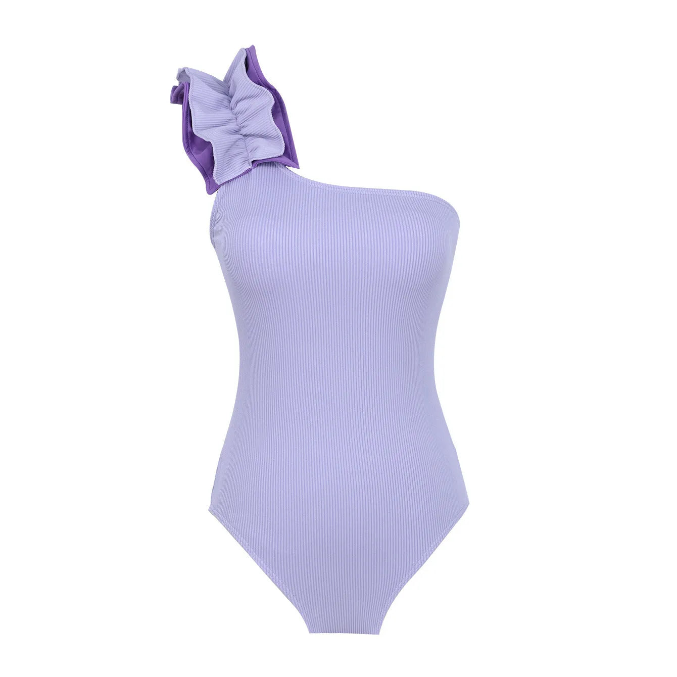 Single-shoulder suspender tube top one-piece swimsuit for women in solid colour with high-waist design