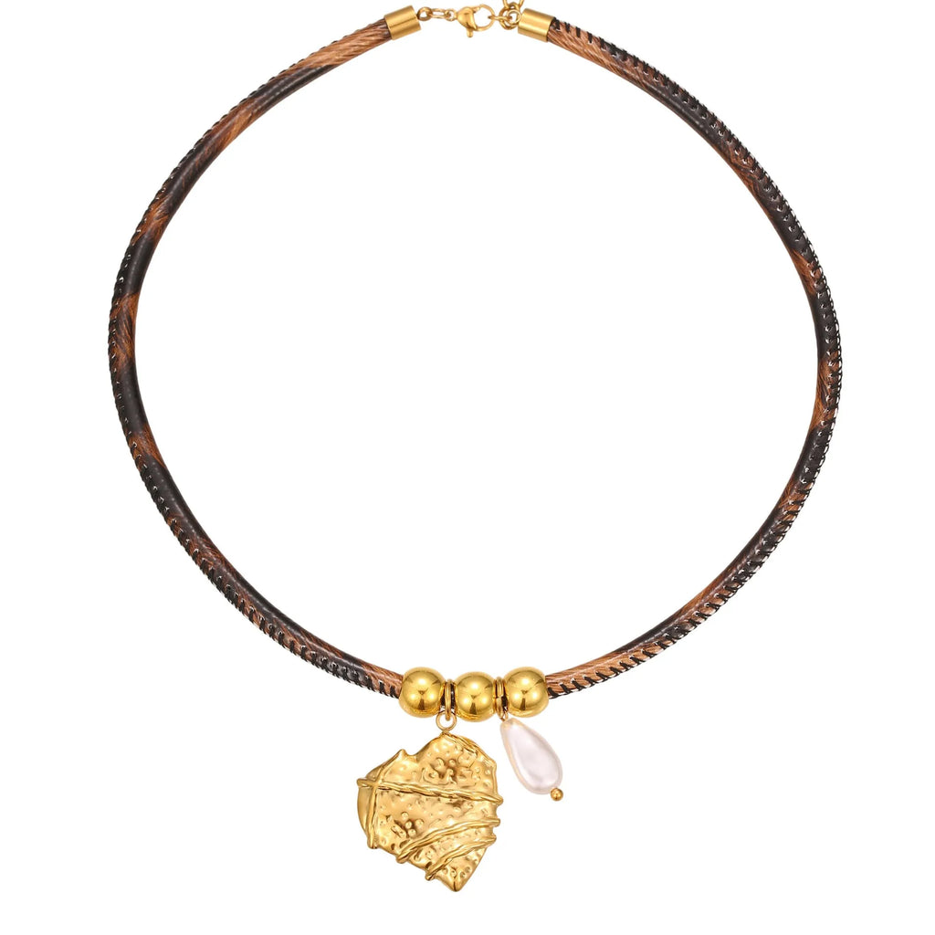 18K gold plated stainless steel necklace with geometric leopard print pendant and adjustable chain for women