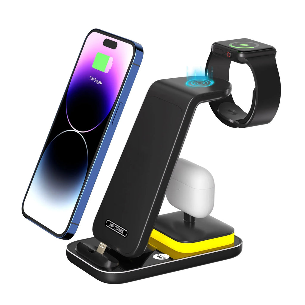Vertical wireless charging stand for mobile phones, watches, and headsets in black or white
