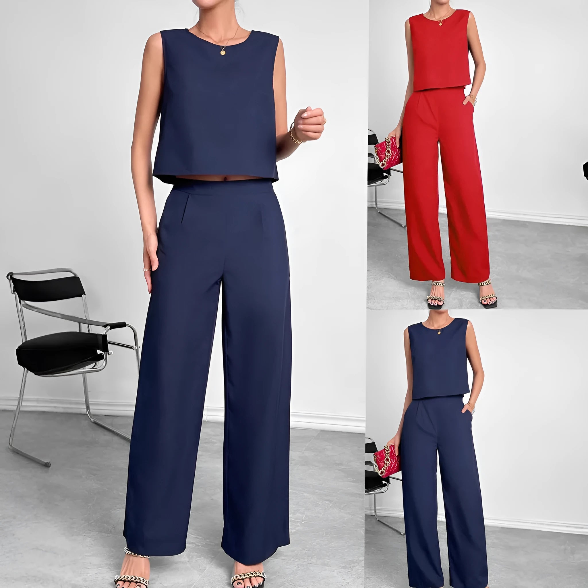 Women's red polyester two-piece set featuring a sleeveless top and wide-leg trousers on a hanger.