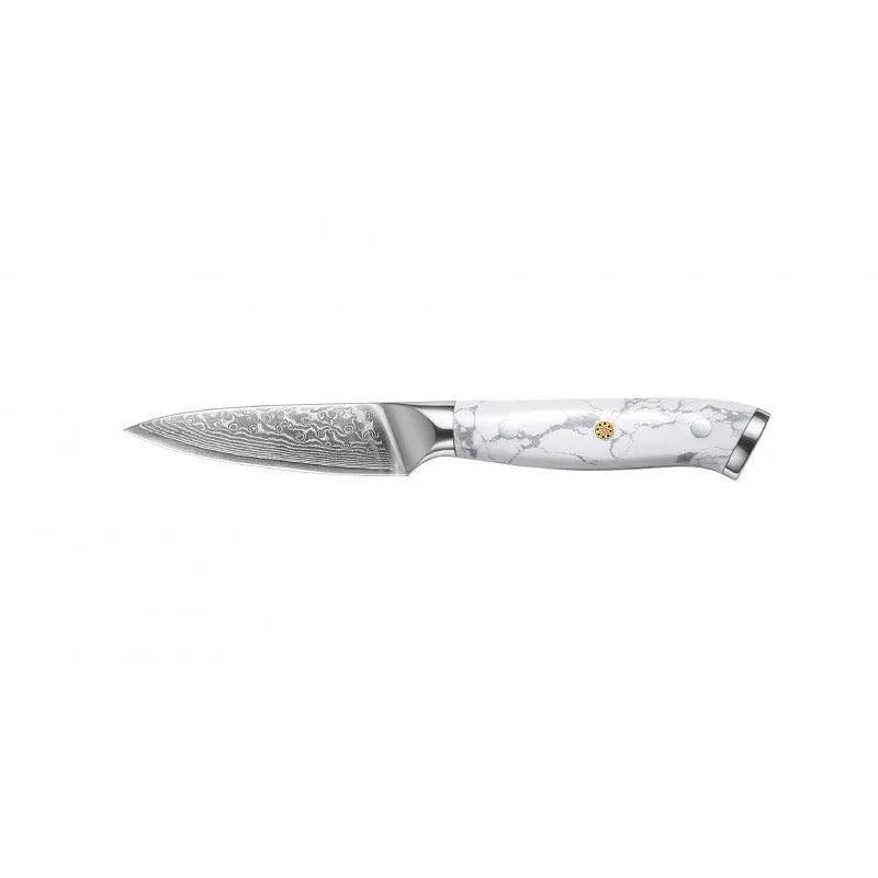 Damascus pattern chef's knife with 21cm blade and 11cm handle showing modern simple design
