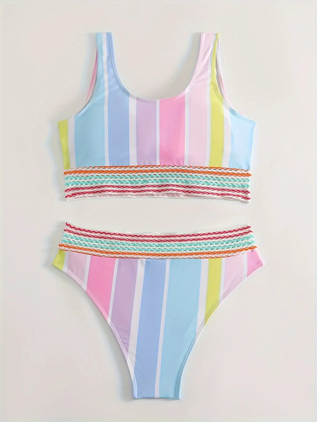 Women's striped sports bikini set with briefs bottom, shown in picture colour.