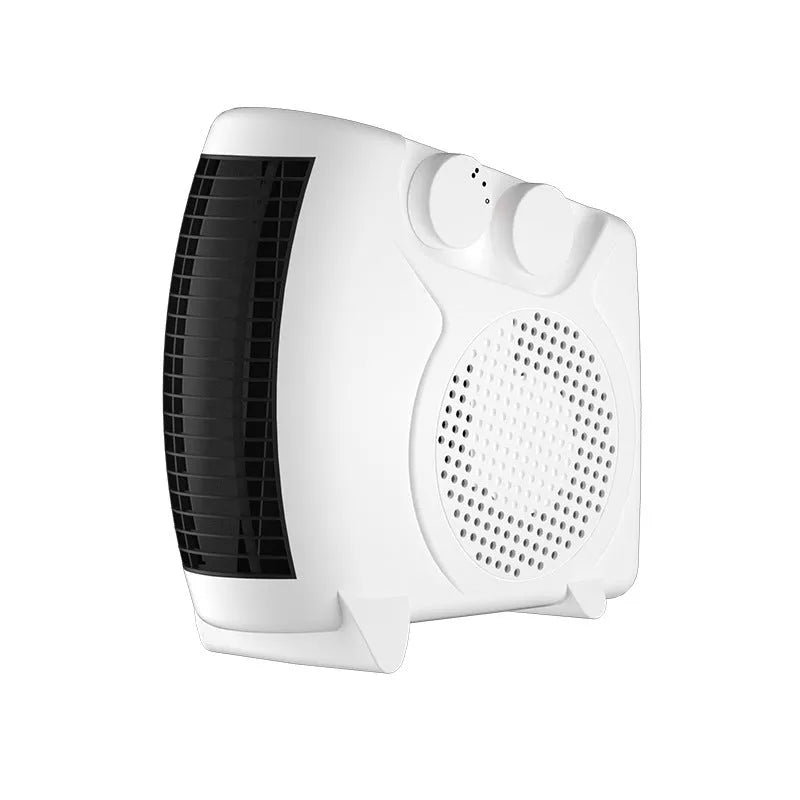 Small white desktop electric heater with control dial on a wooden desk.