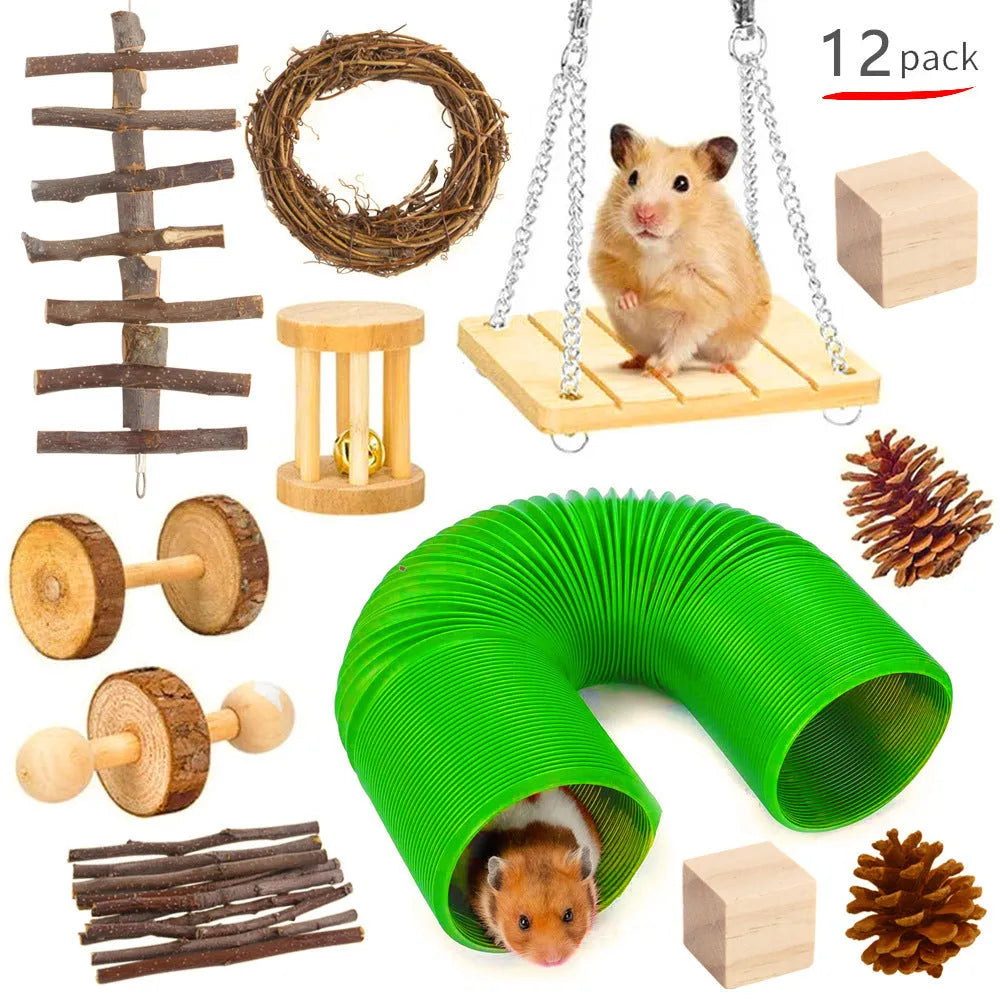 Wooden small animal toy set with chew toys and woven enrichment items for rabbits, guinea pigs or parrots