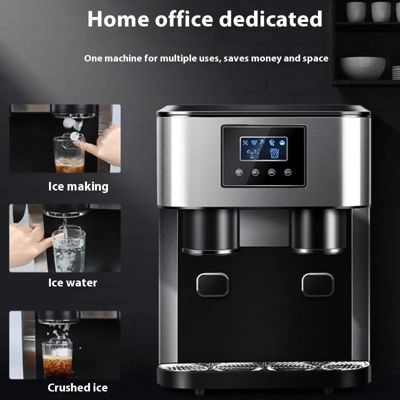 Black desktop ice maker with stainless steel components showing ice production, crushing, and water dispensing functions
