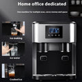 Black desktop ice maker with stainless steel components showing ice production, crushing, and water dispensing functions