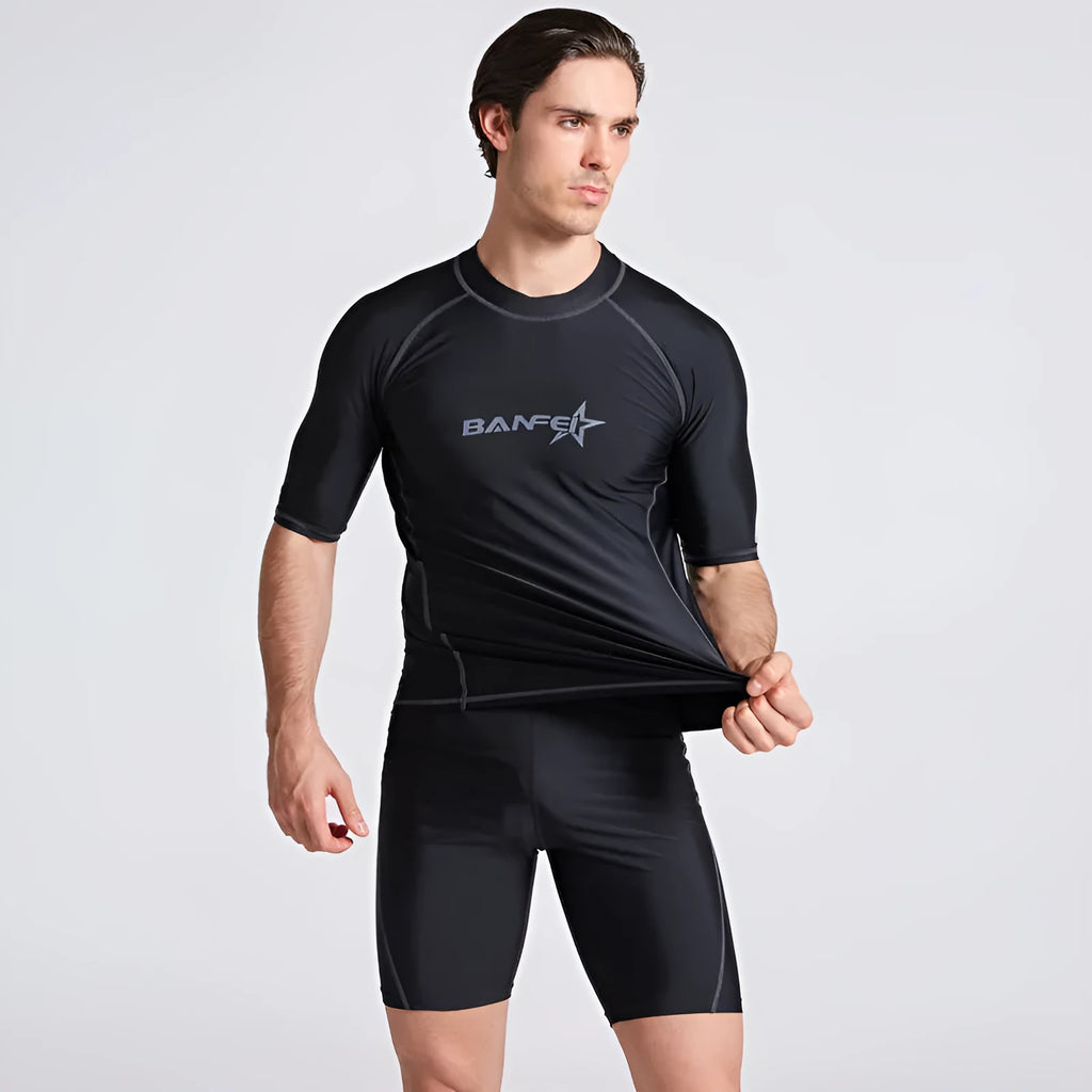 Men's navy blue quick-drying half sleeve wetsuit suit for swimming and snorkelling.