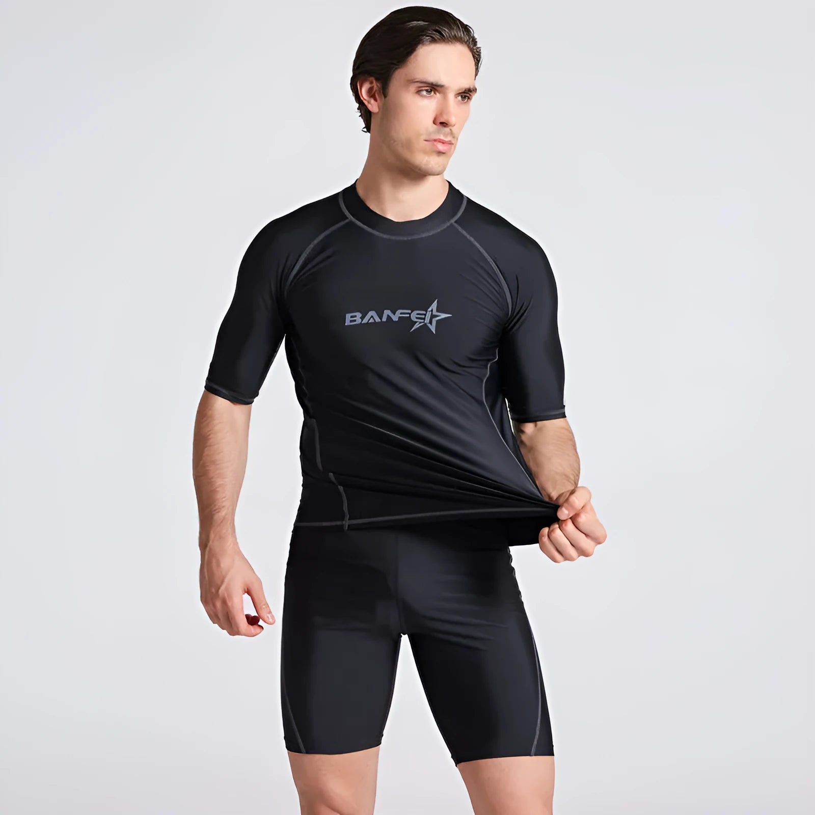 Men's navy blue quick-drying half sleeve wetsuit suit for swimming and snorkelling.