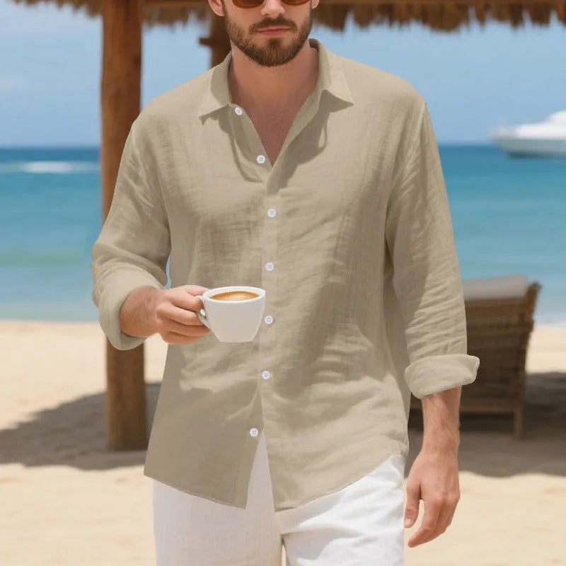 Men's loose-fit linen casual shirt in Army Green colour, showing non-ironing style