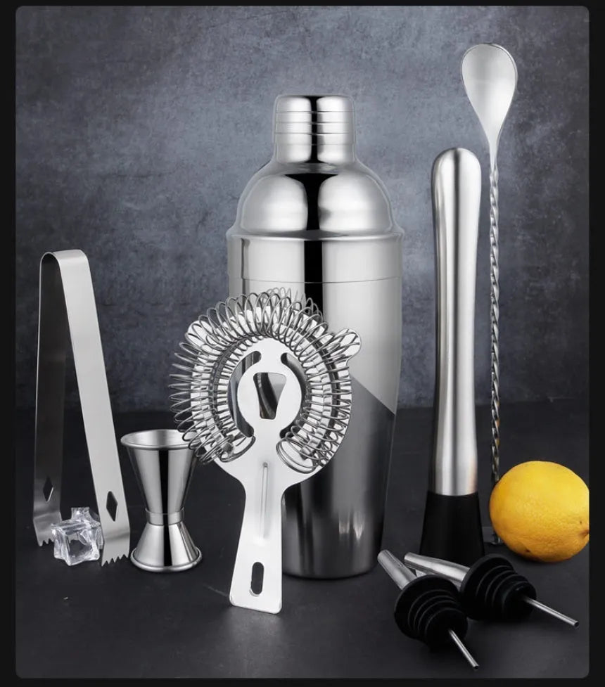 23-piece stainless steel bartender cocktail set with acrylic components on counter