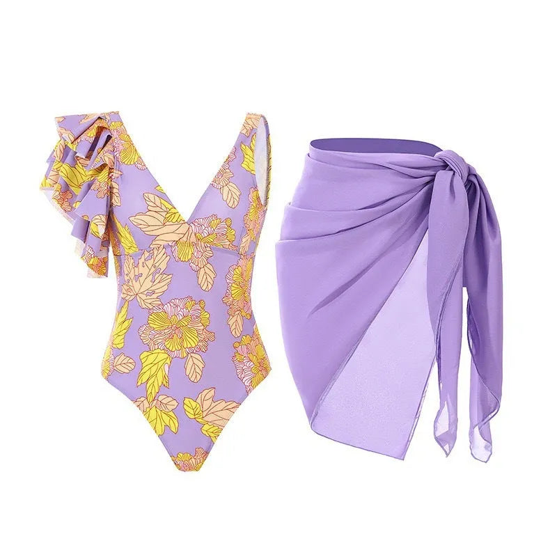 Women's solid colour one-piece swimsuit with spaghetti straps and detachable skirt in polyester fabric