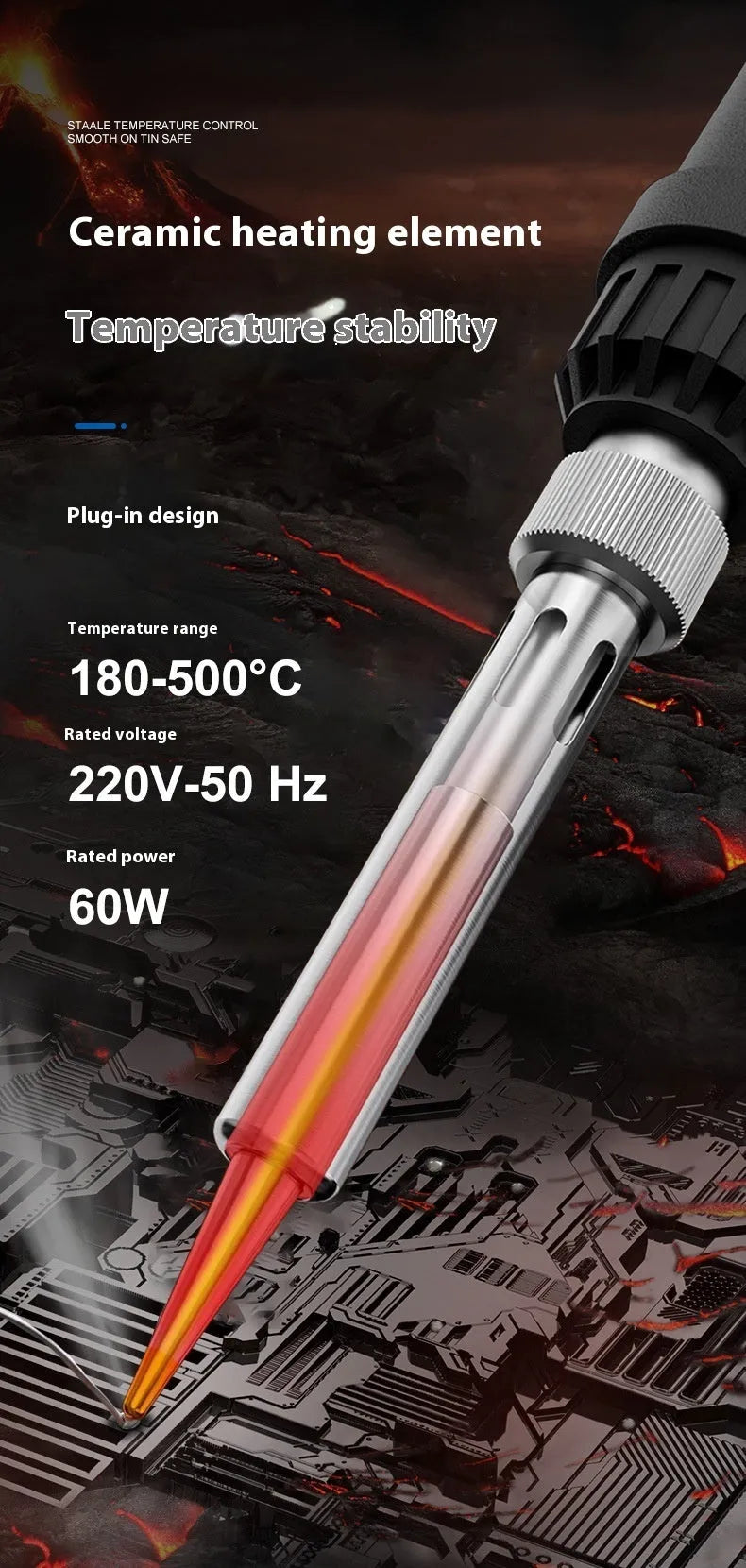 Grey 90W electric soldering iron kit with ceramic heating core, five tips, tin wire, sponge, and holder.