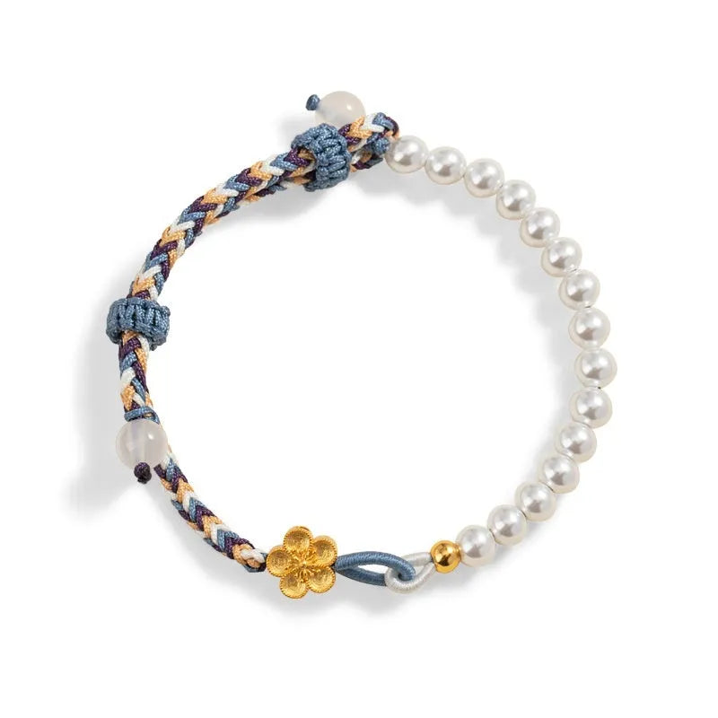 Peach coloured Chinese flower weaving carrying strap with sterling silver chalcedony and pearls on cord bracelet