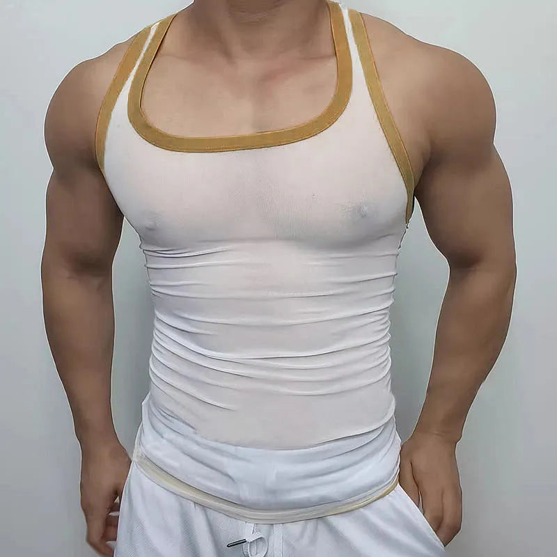 Men's white polyester mesh fitness vest with straight hem on athletic model