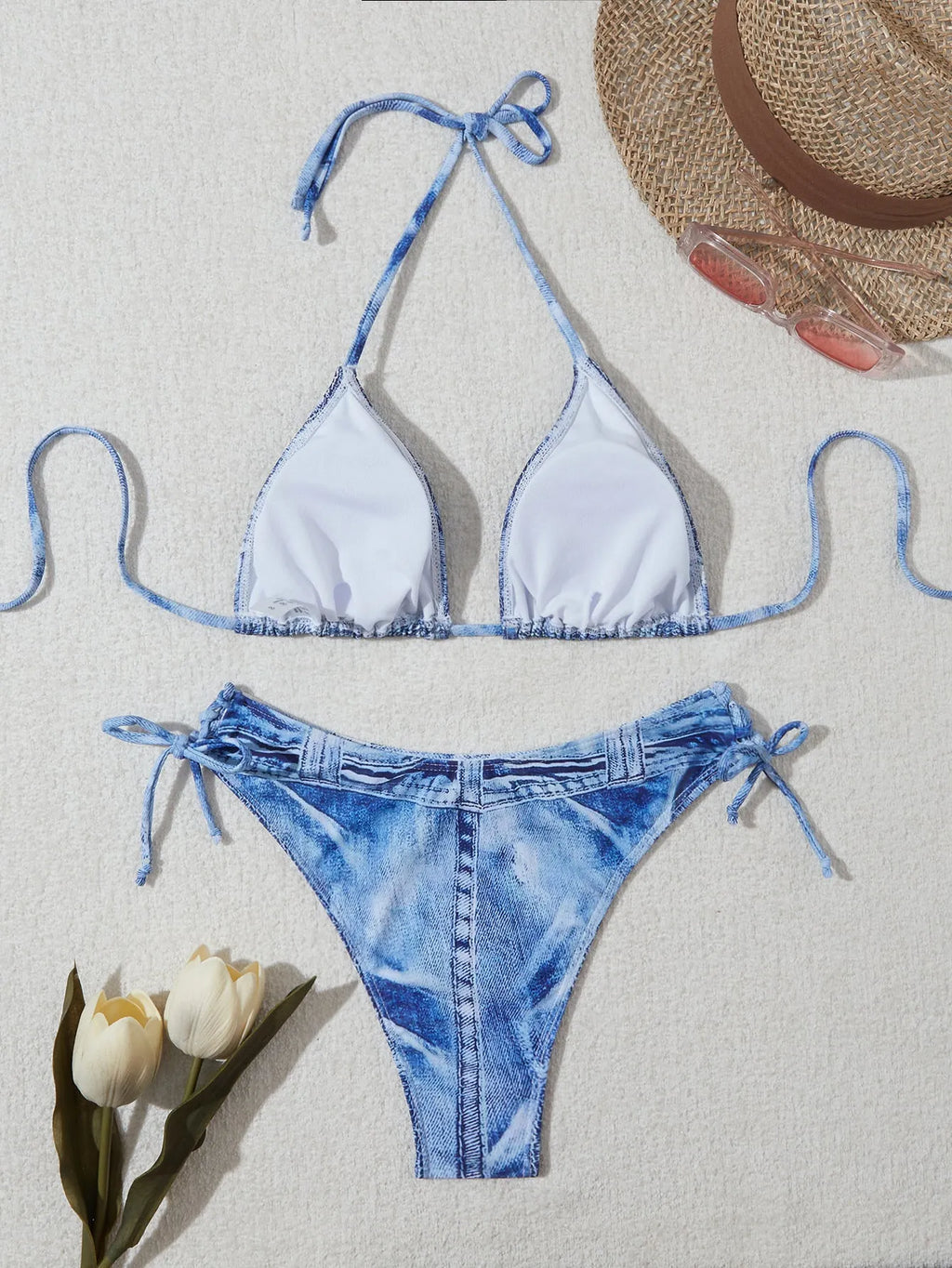 Denim blue women's bikini set with printed straps and triangle top design