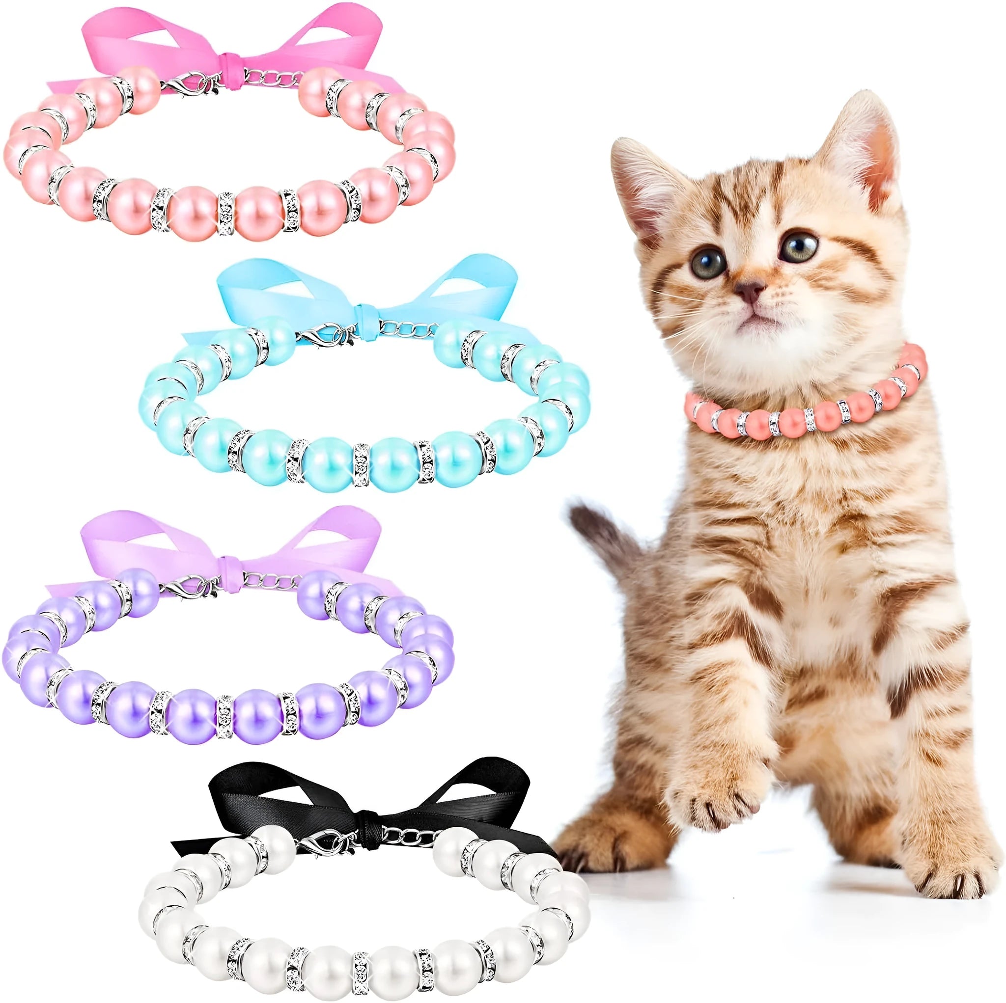Adjustable dog necklace with imitation pearls, rhinestones, and ribbon bow for small pets