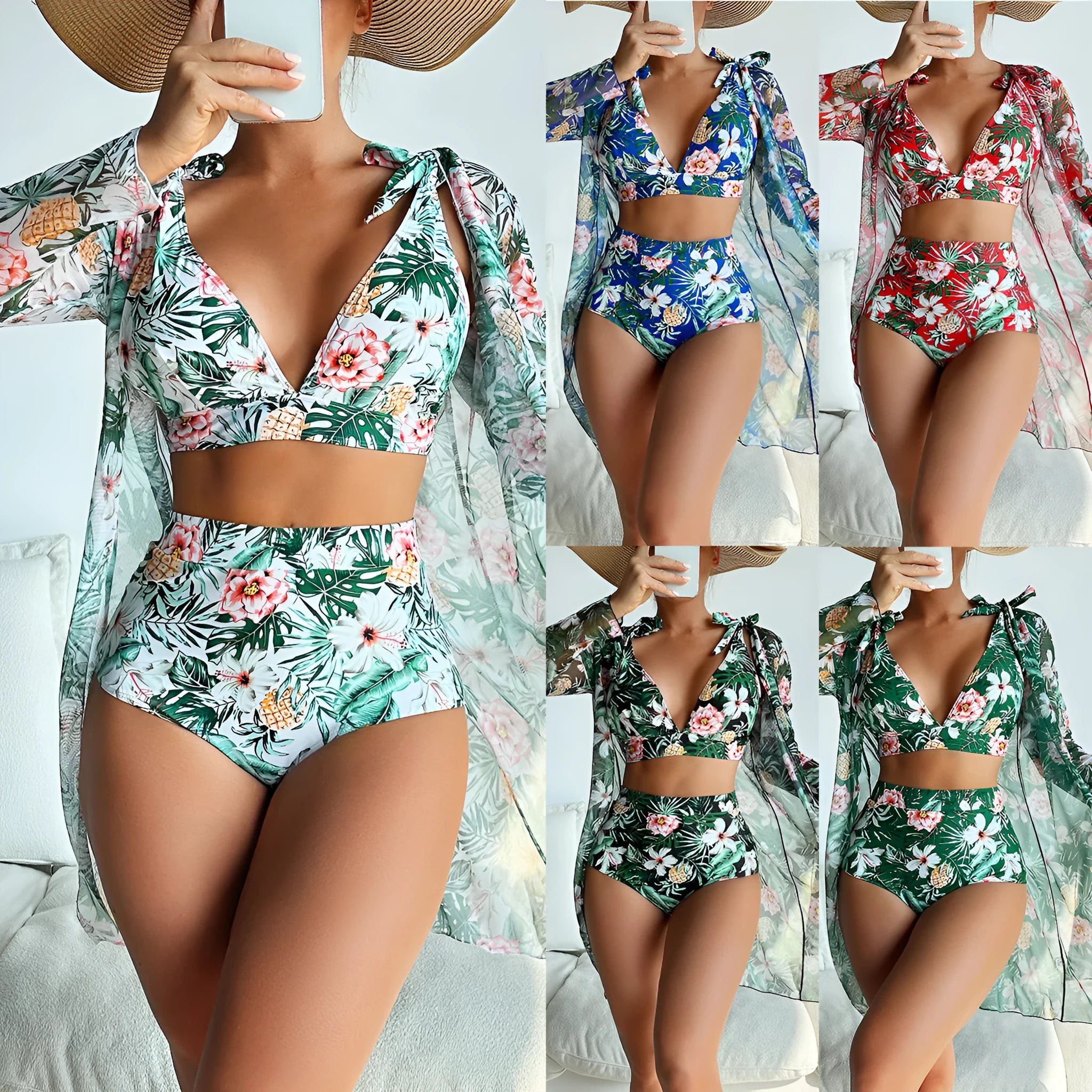 Women's printed bikini swimsuit three-piece set showing bra, shorts, and long-sleeve sunscreen shirt.