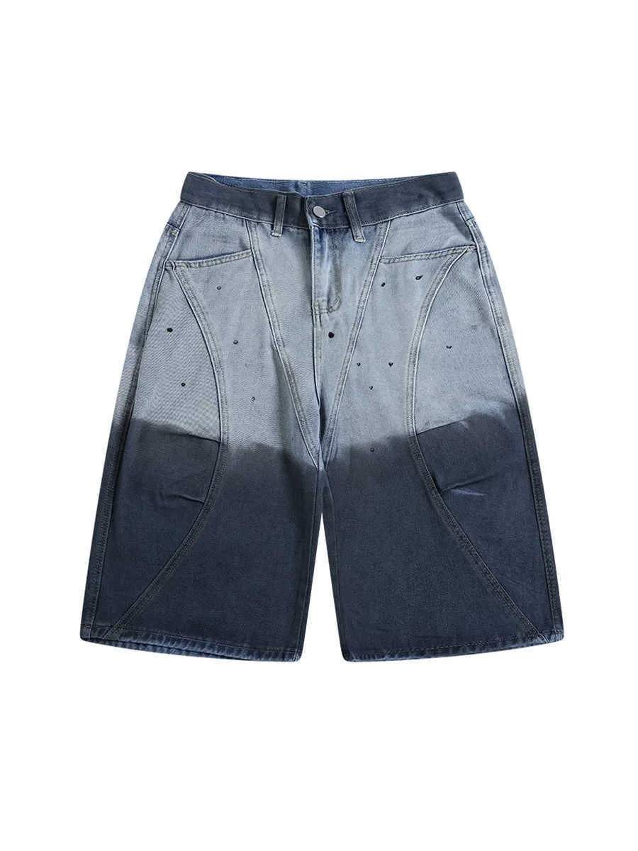 Blue tie-dye gradient cropped jeans with loose fit and mid-waist design
